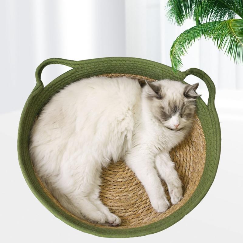 Natural Straw Cats House Resting Basket for Small Dog Cats Scratchproof Bulrush Bed Cats Furniture Pet Nest All Season