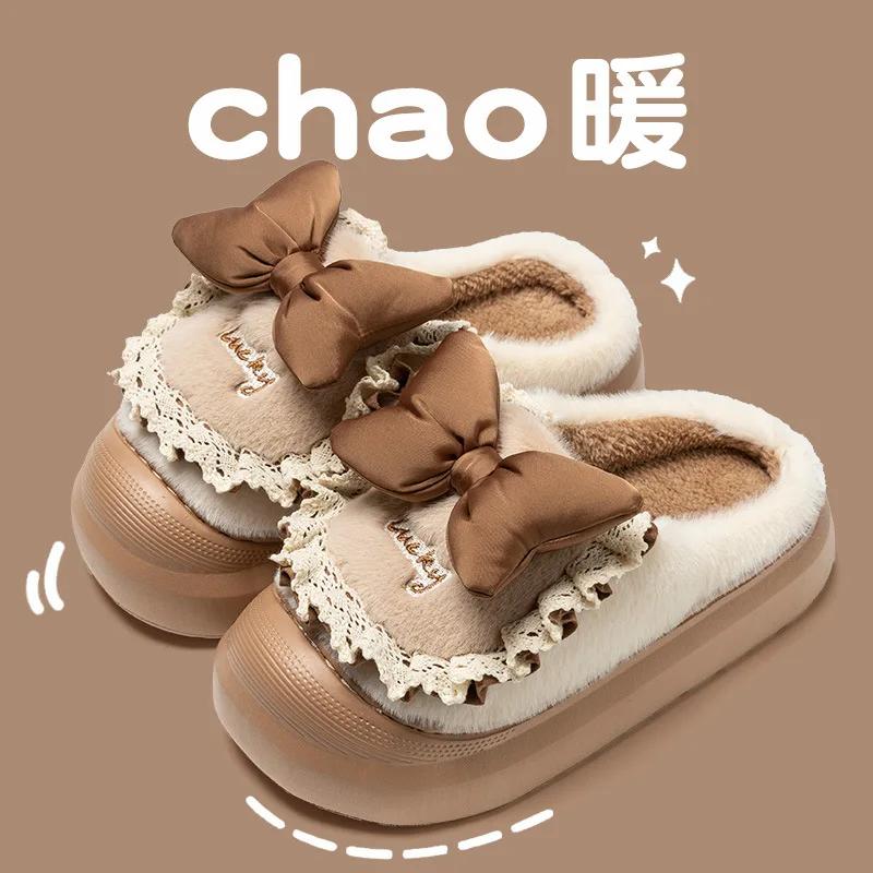 Fashion Women Cotton Slippers Girls Winter Bows Waterproof Warm Plus Velvet Slides Outdoor Warm Fluffy Slides Indoor Soft Plush Slippers