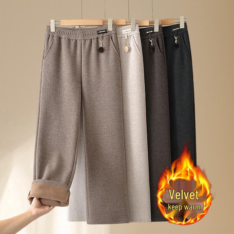 2025 Fall/Winter Plus Velvet Thickened Elastic Waist Straight-Leg Pants for Middle-Aged & Elderly Women