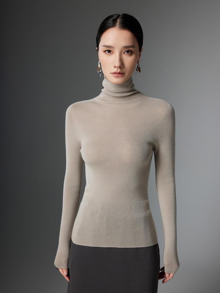 Women's Machine Washable 100% Yangzi Fine Wool Slim Fit High Neck Knitwear Sweater