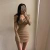 Autumn new niche design pleated waist hip skirt women's sexy V-neck slim-fitting long-sleeved dress