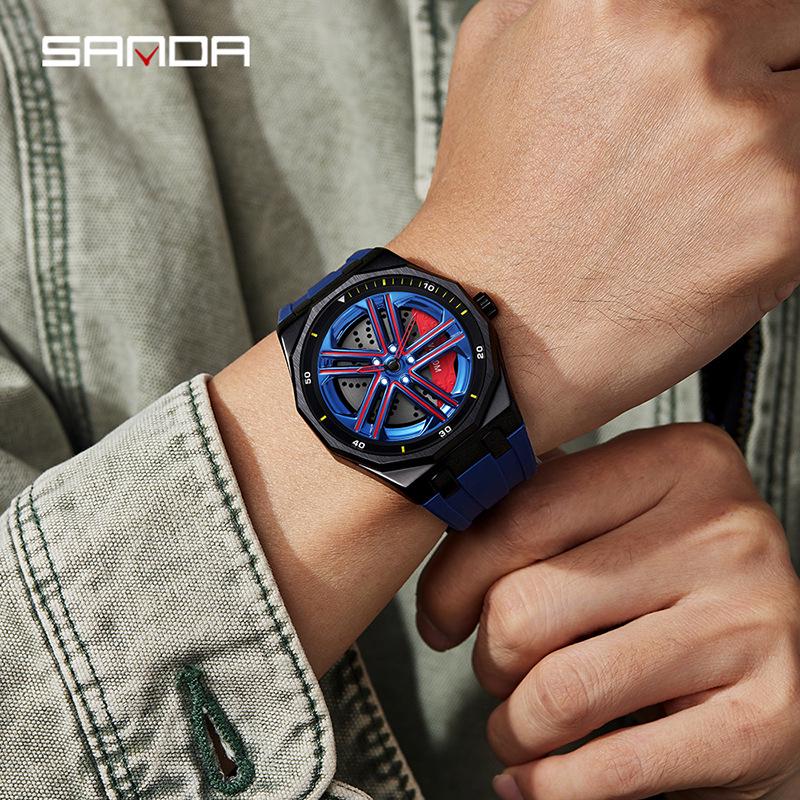 Sanda Men's Waterproof Alloy Car Wheel Design Silicone Wristwatch