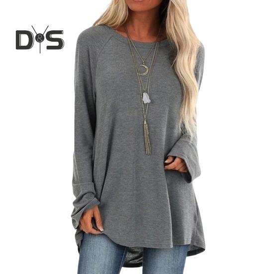 Women Tops Round Neck Long Sleeve Loose Fit Solid Color Tunic Top Casual Shirt with Hip Coverage Length