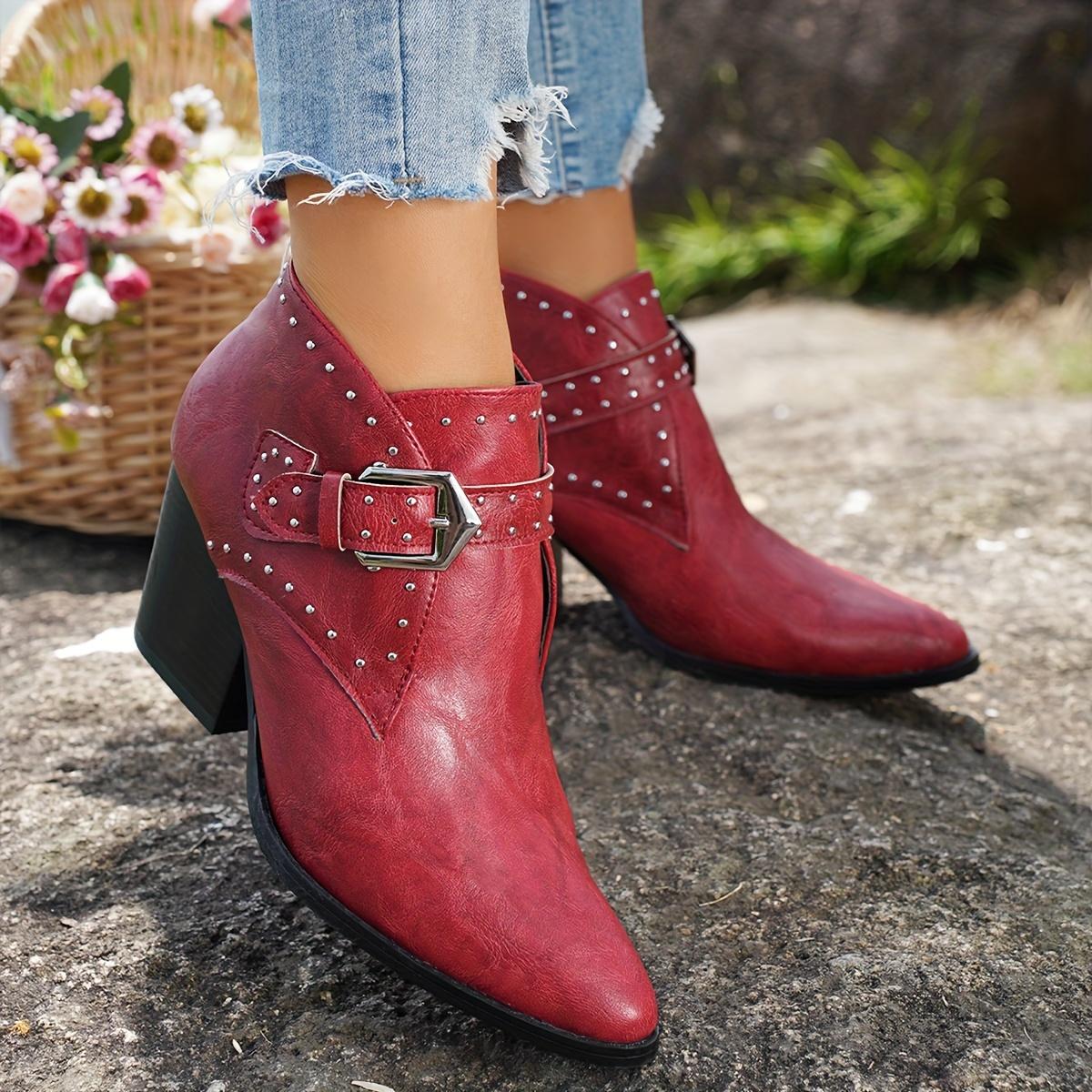 

Women s Solid Color Stylish Boots, Rivets Metallic Buckle Pull On Chunky Heel Boots, Point Toe Motorcycle Chelsea Boots Size 36 червоний