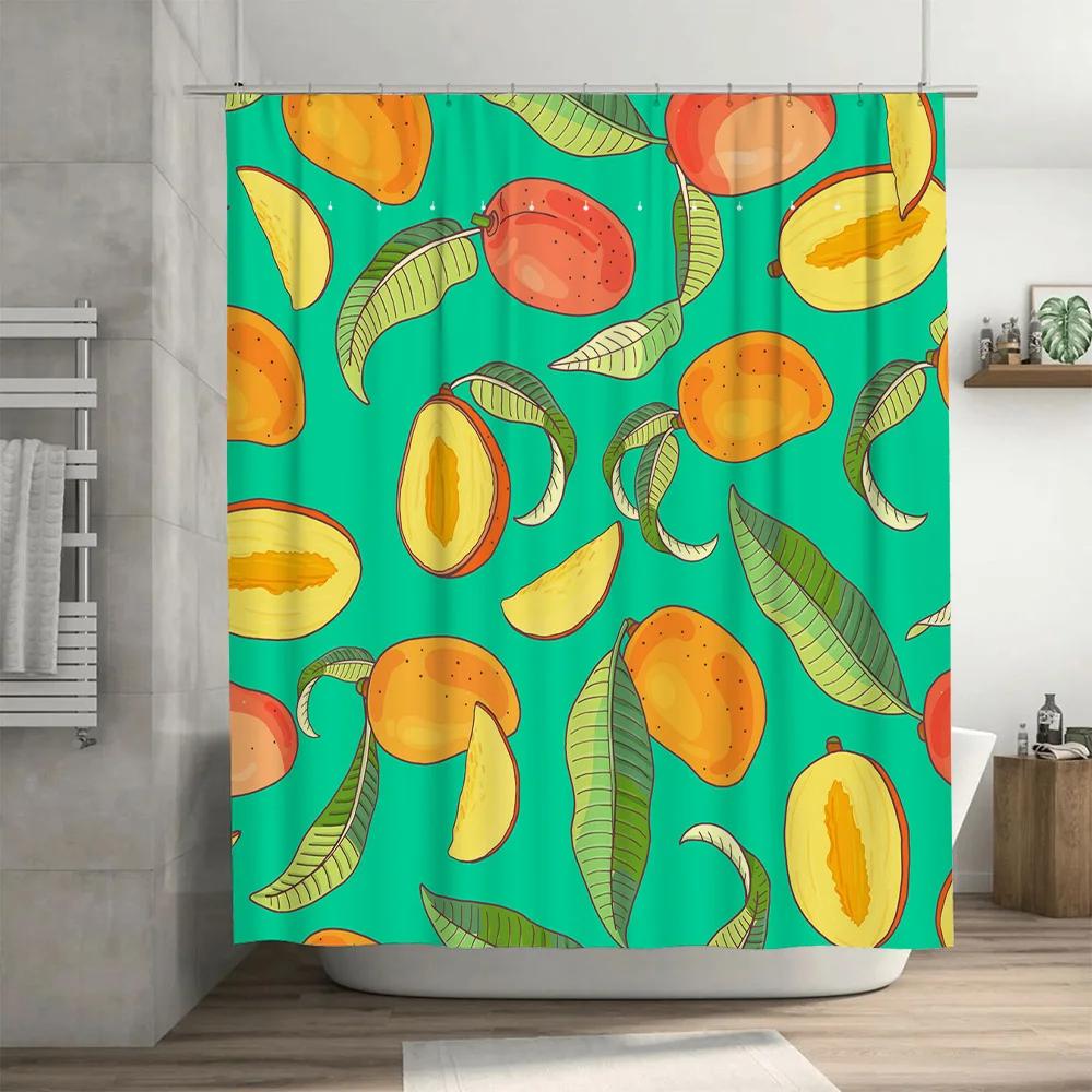 Colorful Fruit Shower Curtain Vivid Pattern with Mangoes Peaches on Green Background Waterproof Fabric for Bathroom Decoration