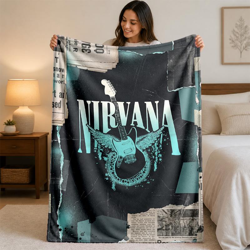 Nirvana Baskılı Flanel Battaniye Rahat Hafif Peluş Atma Battaniye Yatak Kanepe Ev Kullanımı İçin