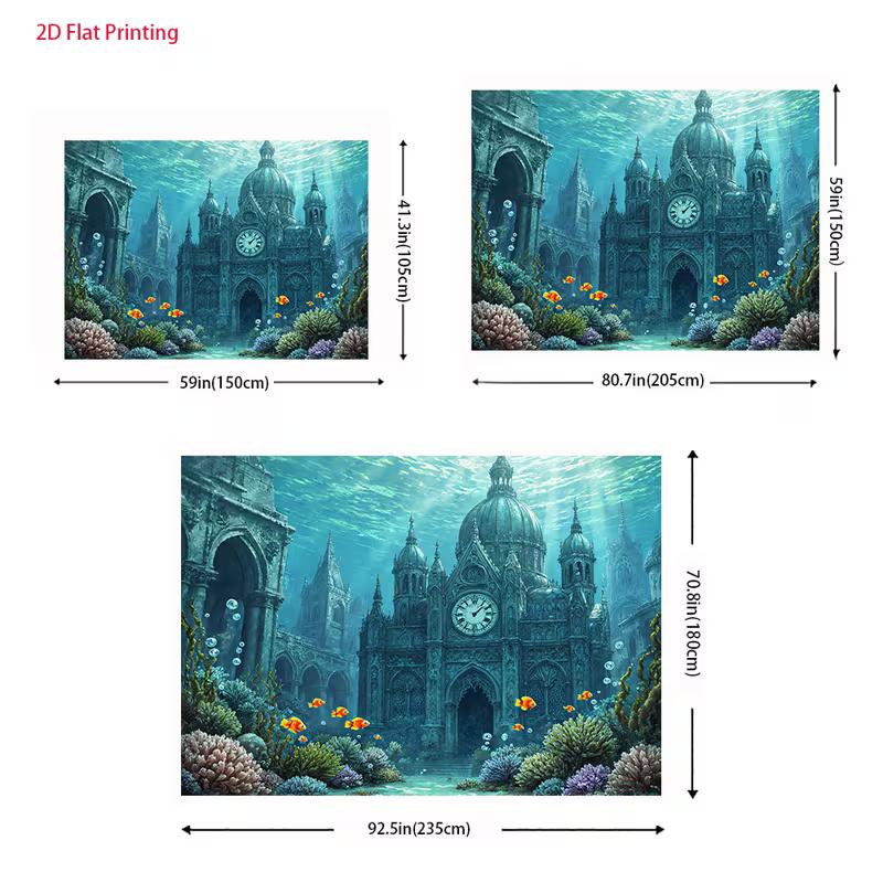 2D Underwater Ancient Building with Fish Backdrop Cloth for Kids Party