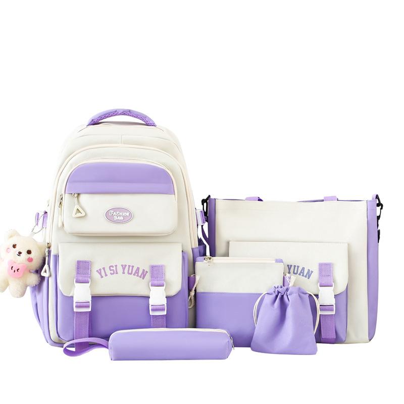 Five-Piece Backpack Set Children's Schoolbag Campus Lackup Ridge Protection Schoolbag Girls Large Capacity Lightweight Backpack