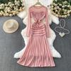 French celebrity temperament sequined mesh splicing long-sleeved dress women's autumn pleated waist elegant fishtail dress