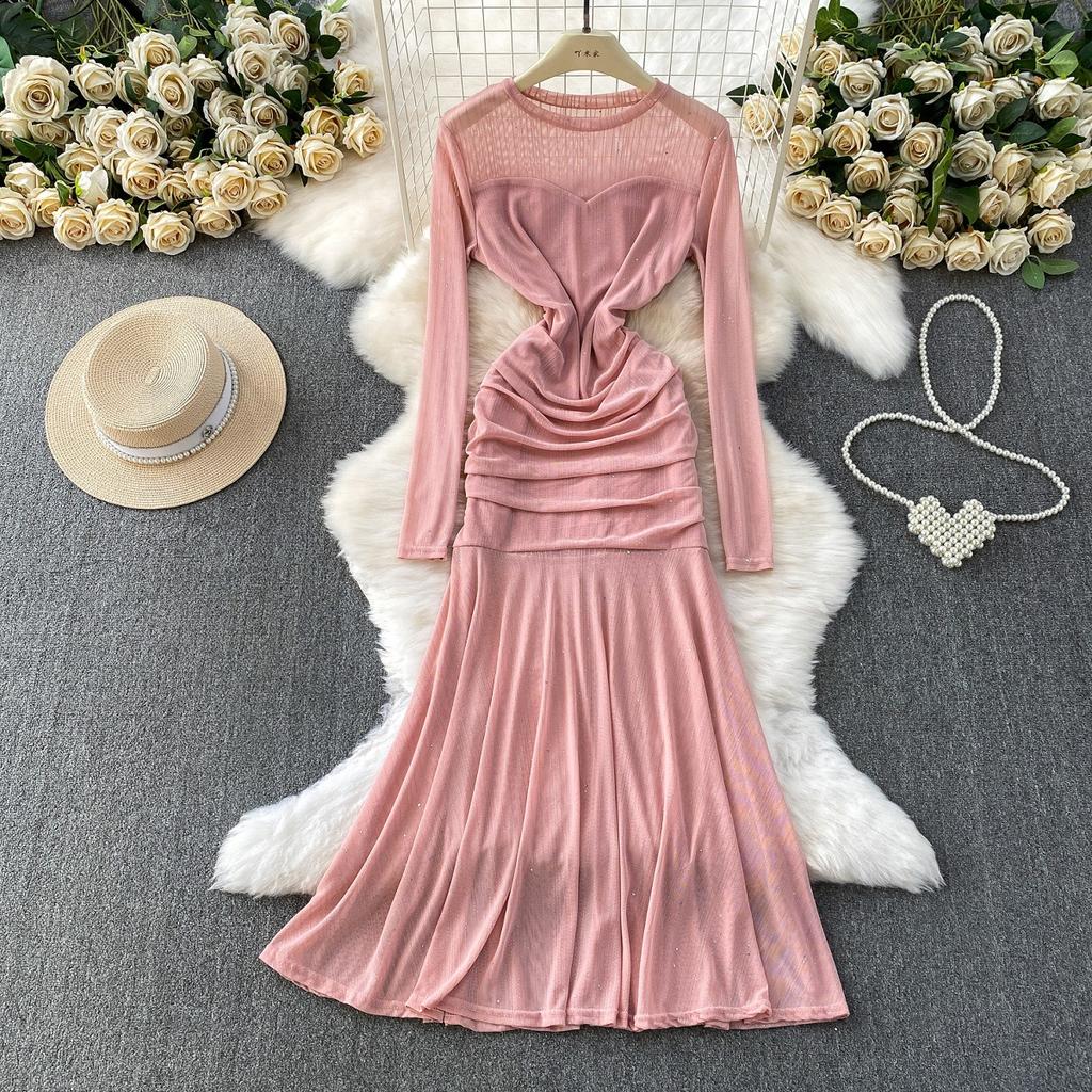 French celebrity temperament sequined mesh splicing long-sleeved dress women's autumn pleated waist elegant fishtail dress