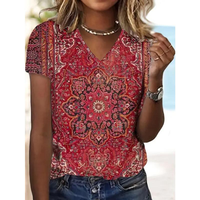 Spring Summer Loose V-neck Short Sleeved T-shirt for Women with Retro Print Shirt