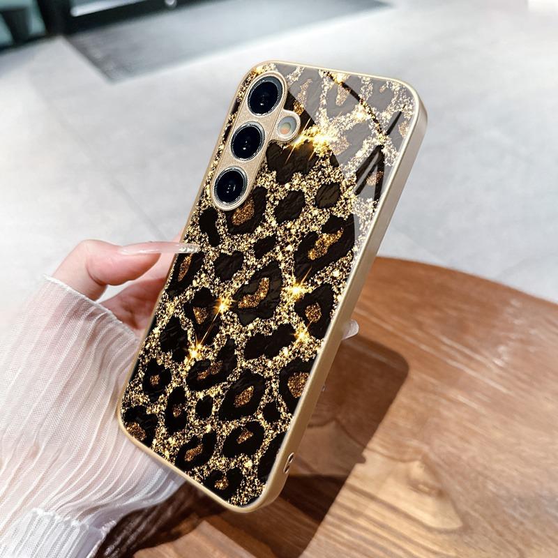 Flash Gold Leopard Pattern Gold Metallic Paint Glass Phone Case For iPhone 17 11 12 13 14 15 16 Pro Max 15 Plus 17Air 16E Cover