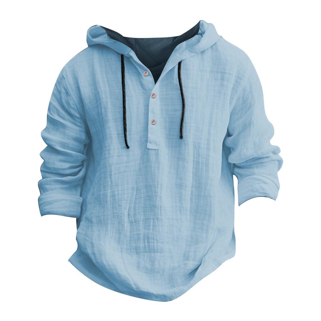 Camicia da Uomo con Cappuccio a Maniche Lunghe Leggera in Miscela Lino Cotone Pullover Casual Top Henley con Bottoni per Primavera Estate Uso Quotidiano