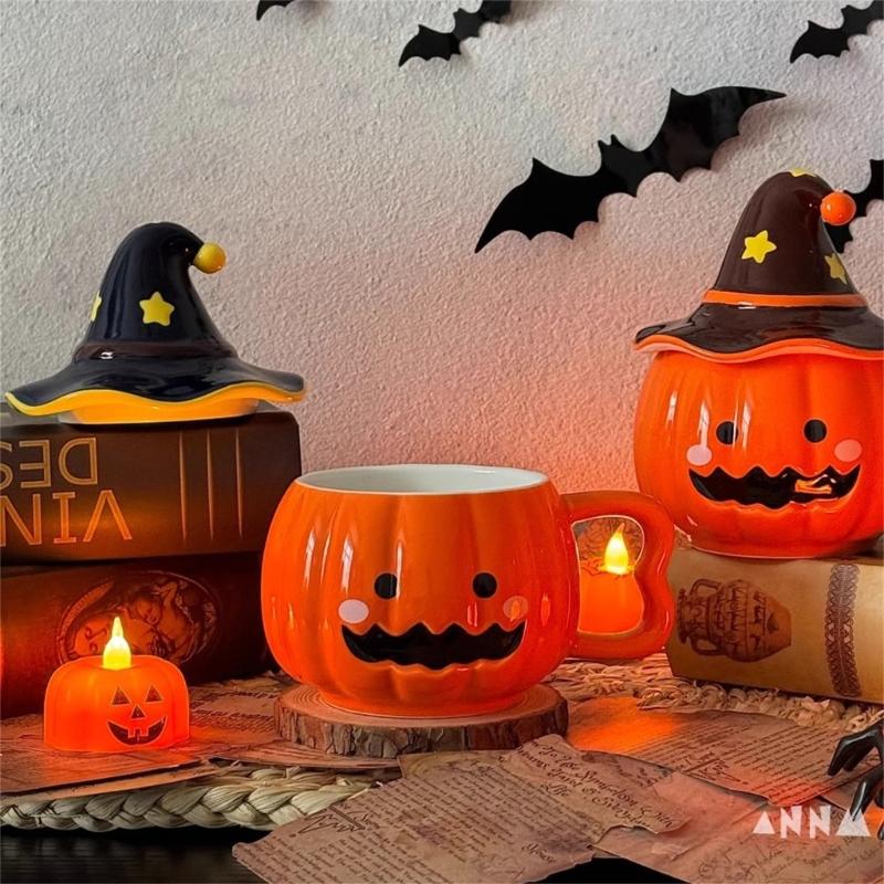Unique Halloween Themed Ceramics Coffee Cup With Detachable Witch Hat Cover Pumpkin Shape Mug For Hot Beverages Gift