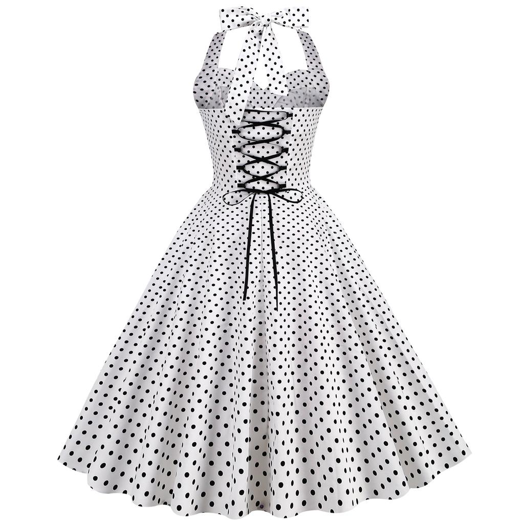 Women’s Polka-dot Halter-neck, Open-back, Tie-front, Slimming, Figure-hugging, Cinched-waist, Full-skirted Dress