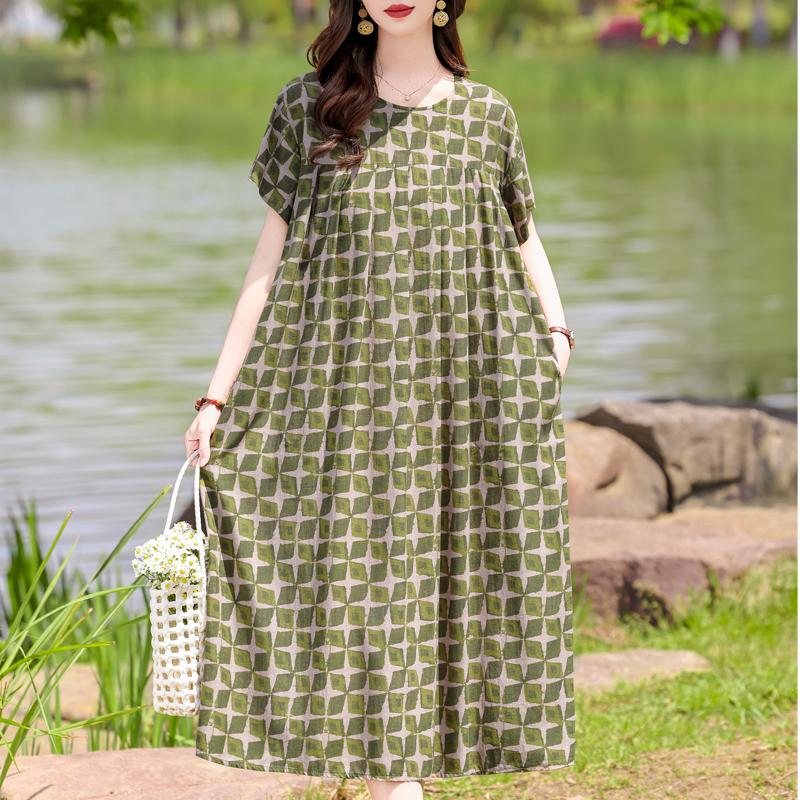 Μεγάλο μέγεθος Φαρδύ Vintage Print Μακρύ Φόρεμα για Γυναικεία Casual κοντομάνικα καλοκαιρινά γυναικεία φορέματα