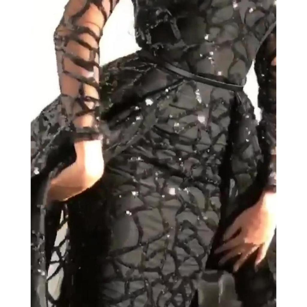 Spring Summer New European American Style Women's Long Sleeve Sequined Big Hem Evening Gown Formal Dress