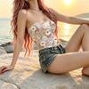 Trägerloses Oberteil Vintage Amerikanischer Stil Eng anliegendes Tanktop, Weicher Stoff, Frischer Blumendruck, Ideal für Strandurlaub Täglichen Freizeitlook, Vielseitiges Sommer-Layering-Teil