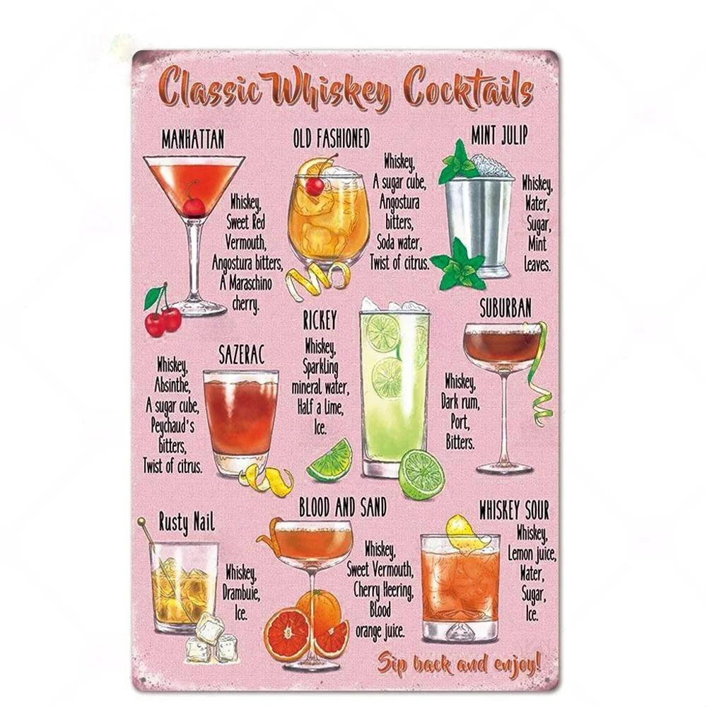 Cocktail Posters Decor Vintage Metal Tin Signs Plaque Metal Sign Wall Decor for Man Cave Bar Pub Club