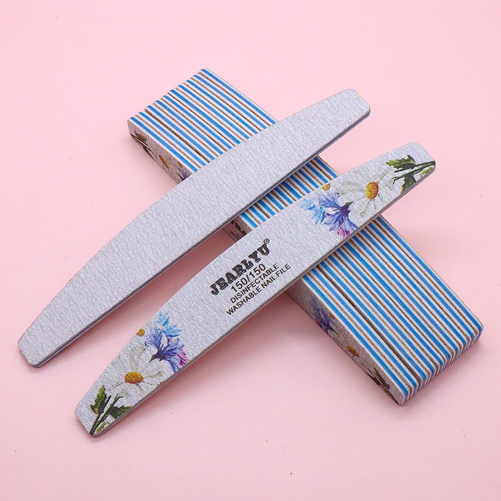 Durable Washable Floral Gray Half-Moon Nail File: Double-Ended Sanding & Polishing Tool