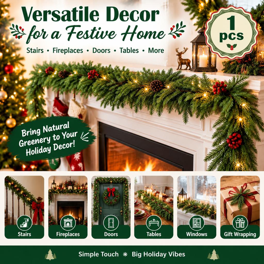 European Style Artificial Pine Needle Garland with Wire Loop, PE Material for Christmas and Home Decor