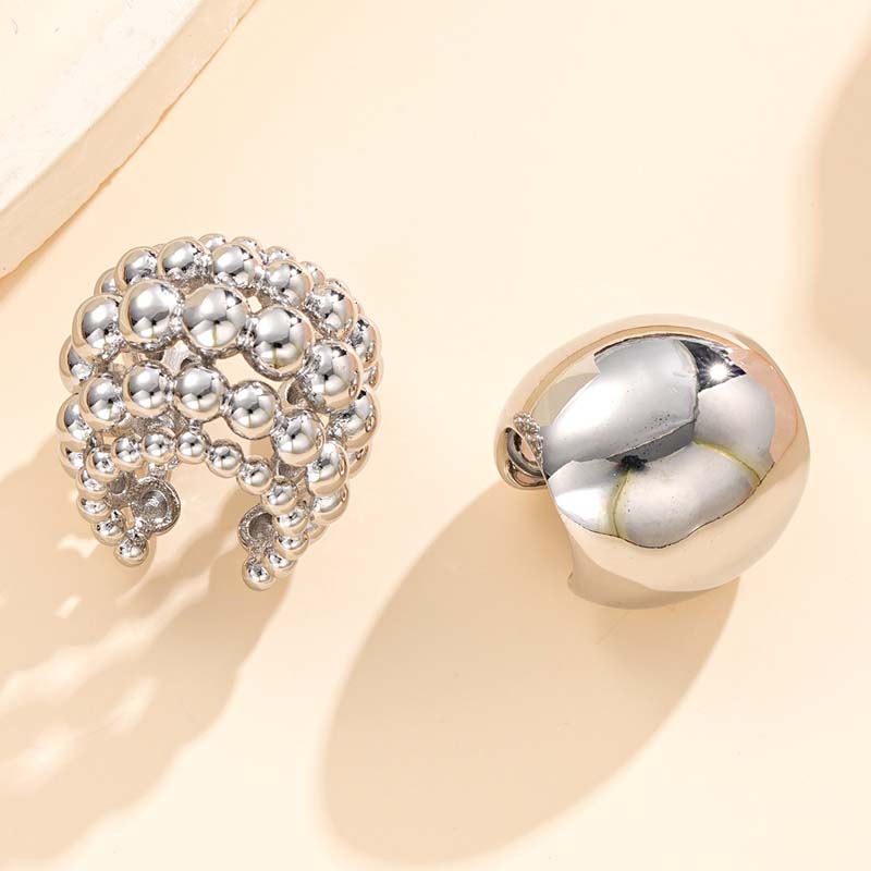 Exaggerated Metal Wide Clip Earrings Set For Women Simple Silver Color C-Shaped Half Circle Beaded Ear Cuff Jewelry Gift