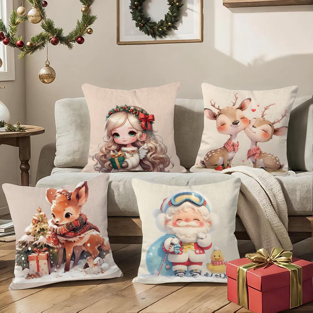 Christmas Cute Family Decorations Pillow Case Silky Short Plush With Invisible Zipper Dustproof Sofa Cushion Cover