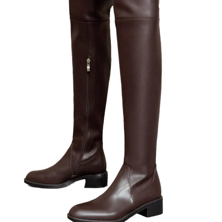 2025 wersja koreańska pokazuje nogi szczupłe za kolano długie kozaki damskie niski obcas poszerza obwód nogi zimowe cienkie aksamitne wysokie kozaki rycerskie brązowe