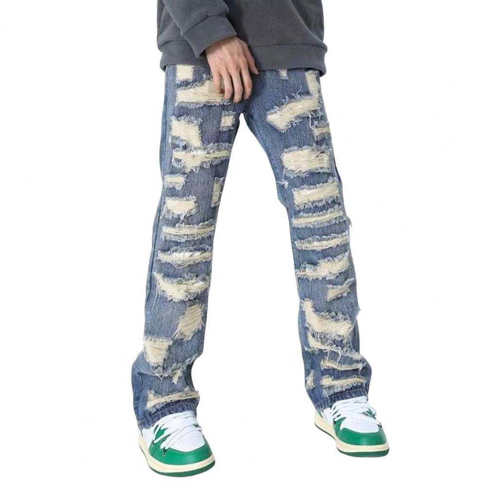 Pánské džíny Distressed Washed Vintage Denim Kalhoty se 4 hlubokými kapsami Džínové kalhoty s rovnými nohama ve stylu High Street