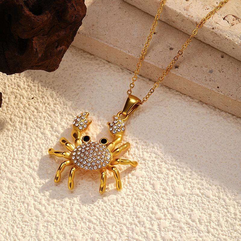 DIEYURO 316 Stainles Steel Golden Inlay Rhinestones Crab Pendant Necklace Women Vintage Fashion Neck Chain Jewelry Glamorou