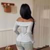 Womens Off The Shoulder Tops Fold Over Double Lined Long Sleeve T Shirts Slim Fitted Stretchy Crop Top