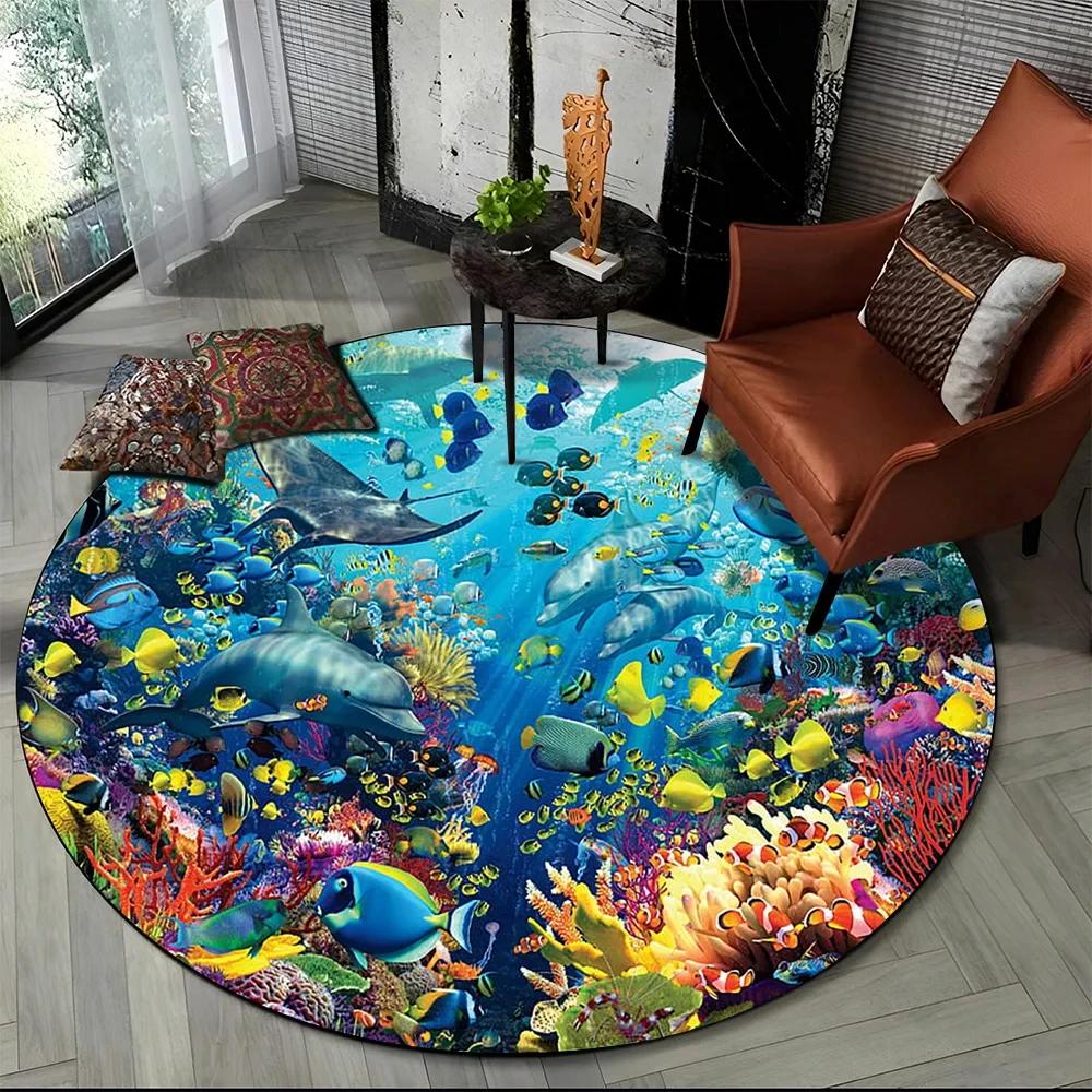 Unterwasserwelt Runder Teppich Cartoon Meeresboden Fisch Delfin Bereichsteppich für Wohnzimmer Schlafzimmer Dekor Rutschfeste Ozeantier Bodenmatte