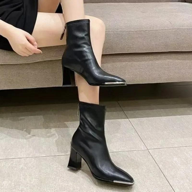 Women Ankle Boots Fashion Back Zippers Shoes Vintage Square Heels Autumn Winter Ladies Stretch Modern Booties 35-40