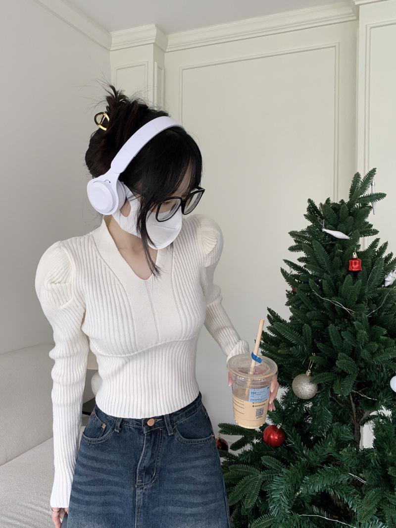 

Женский трикотажный свитер с V-образным вырезом, облегающего кроя, с рукавами-буфами - Шикарный топ, подчеркивающий талию, для весны/осени Small белый