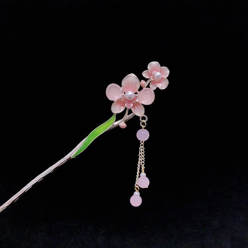 Pink/White/Blue Flower Hair Sticks Gold Color Alloy Hair Pin Ancient Chinese Floral Headpieces Pearls Pendant Hair Jewelry