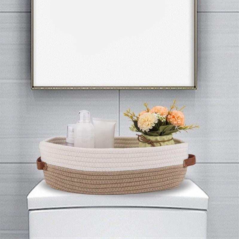 Natural Cotton Rope Oval Storage Basket Featuring Sturdy Leather Handles For Home Use