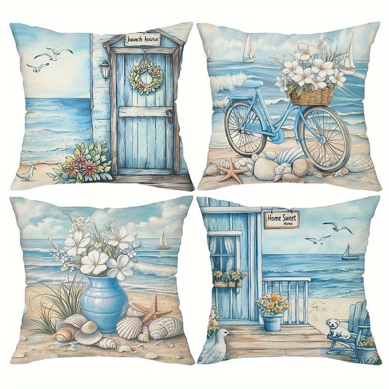 Beach Scenes Bicycle Flowers Double-sided Printed pillow cover Short plush Suitable living rooms bedrooms throw cushion cover
