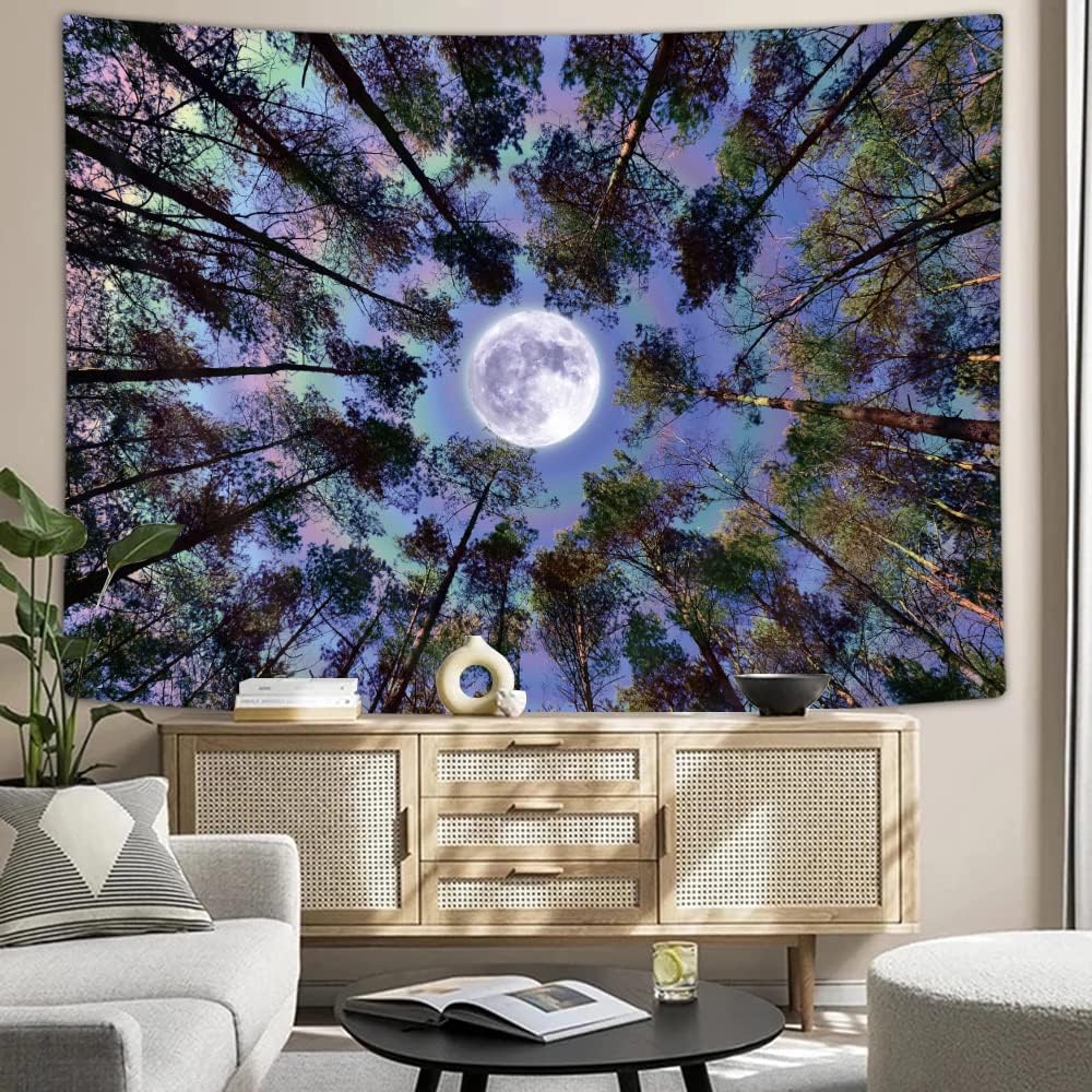 Trippy Moon Forest Ceiling Tapestry for Bedroom Aesthetic, Cool Psychedelic Trees Starry Night Galaxy Sky Tapestry Wall Hanging,