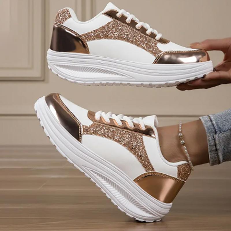 Women's Pure Color Sequins Sneaker Lace-up Platform Sequined Decorative Walking Rock Shoes High Top Sneakers Sneaker