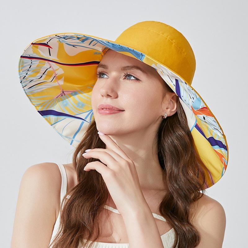 Cappello da Pescatore Estivo a Tesa Larga Double-Face con Stampa Parasole per Donna