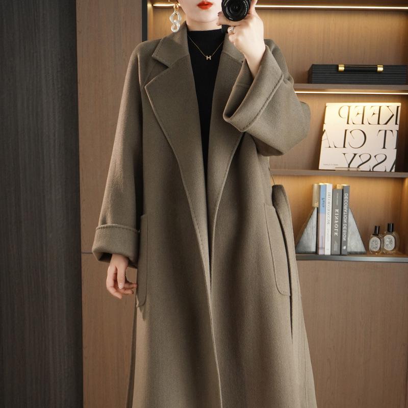 Women's Extra Long Double-Sided 100% Wool Coat with Belt for Autumn and Winter