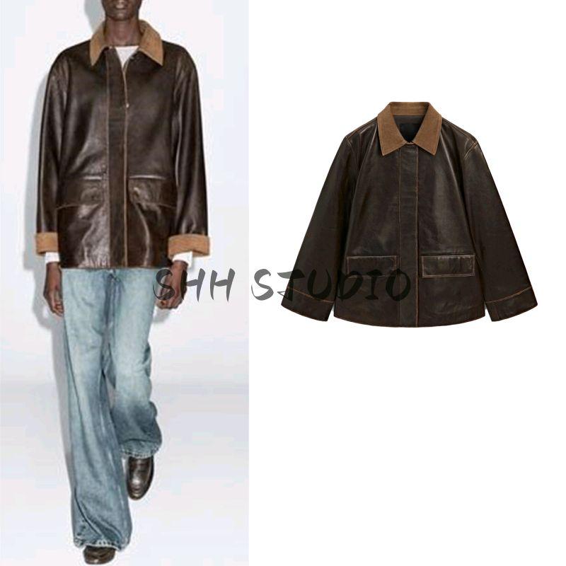 MD Autumn New Women clothes Barne Style Retro Corduroy Collar Pu Imitation Leather Parka Outerwear 4740590