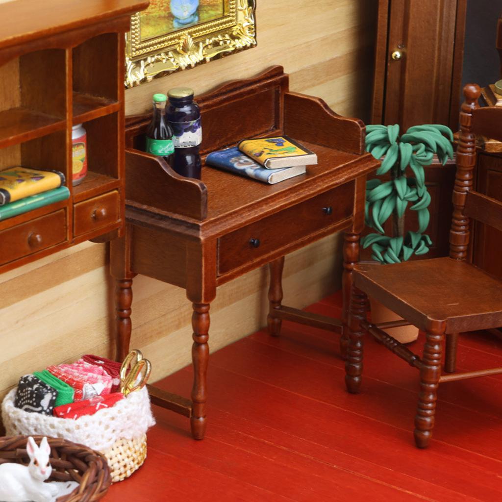 Children Safe 1/12 Miniature Study Desk with Functional Drawer Furniture For Doll House Decors And Imaginative Activity