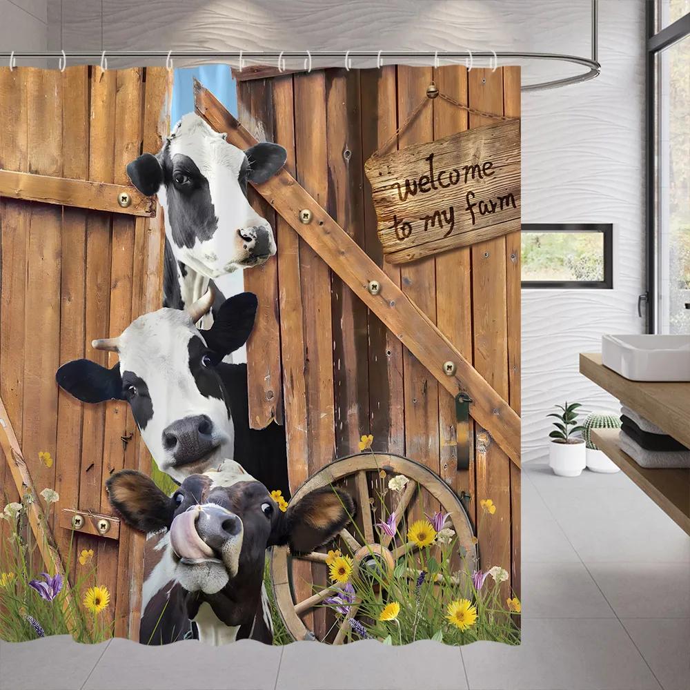 Wood Door Cow Shower Curtain Farm Animal Barn Door Wooden Wheel Pumpkin Sunflower Retro Bath Curtain Bathroom Accessories Set