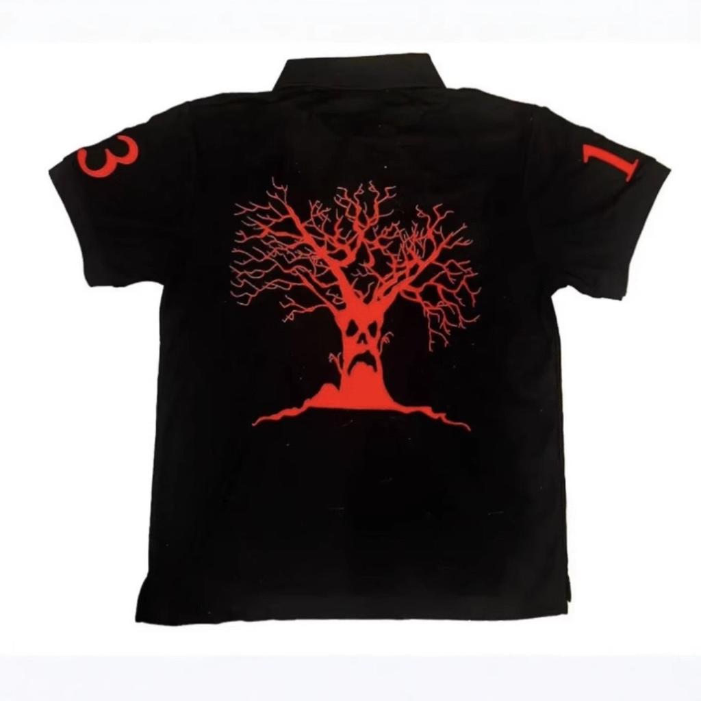 Camiseta Polo Roja Bordada DRIPX Camiseta Y2K HipHop Retro Cabeza de Calabaza Letra Bordada Top Oversized de Manga Corta
