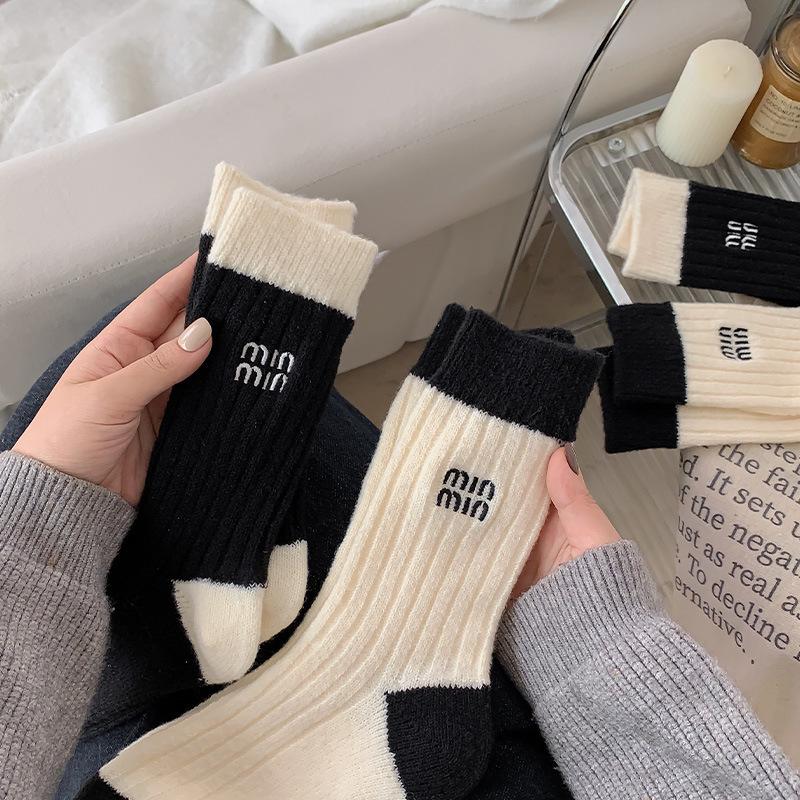 MIU Women's Wool Embroidered Mid-Calf Socks, Trendy Warm Slouch Socks for Autumn/Winter, Postpartum Friendly.
