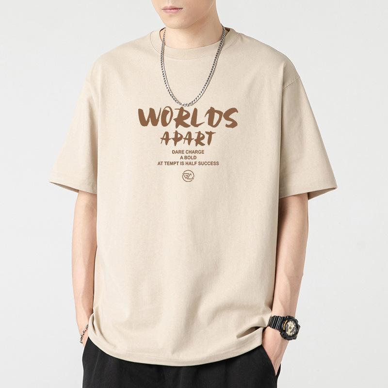 Herren Oversized Khaki T-Shirt - "WORLDS APART" Letter Print Lässiges Streetwear Top