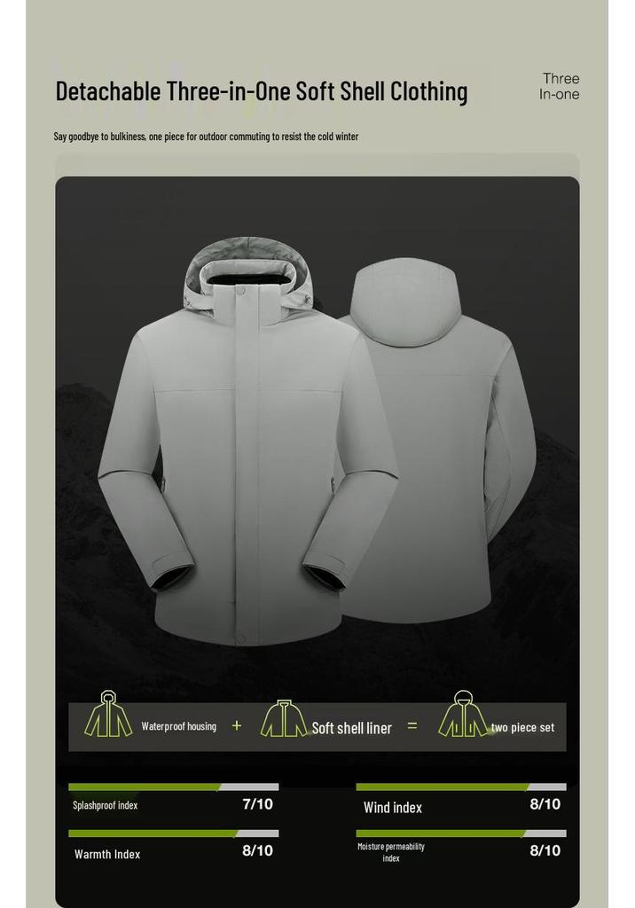 Men's and Women's Soft Shell Mountaineering Jacket, Three-in-One with Detachable Fleece Liner, Water-Repellent, 2026 Model.