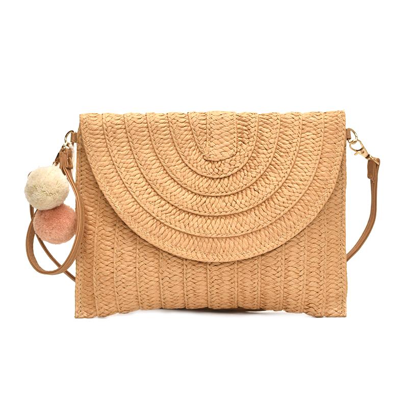 Handmade Straw Beach Shoulder Crossbody Bag Girls Envelope Woven Summer Small Hair Ball Cluth