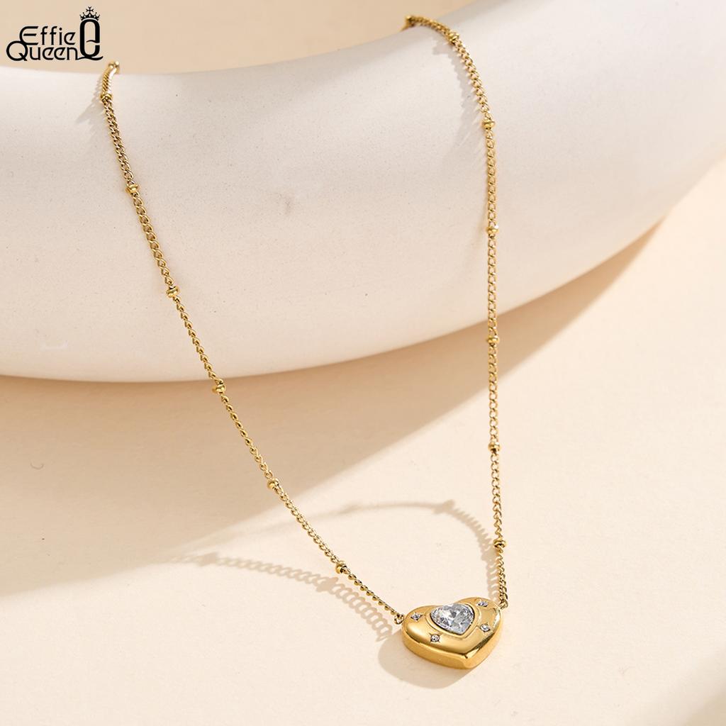 EFFIE QUEEN Stainless Steel 18k Gold Heart Cut Zirconia Pendant Necklace Romantic Jewelry for Women Valentine's Day Gift STKN13
